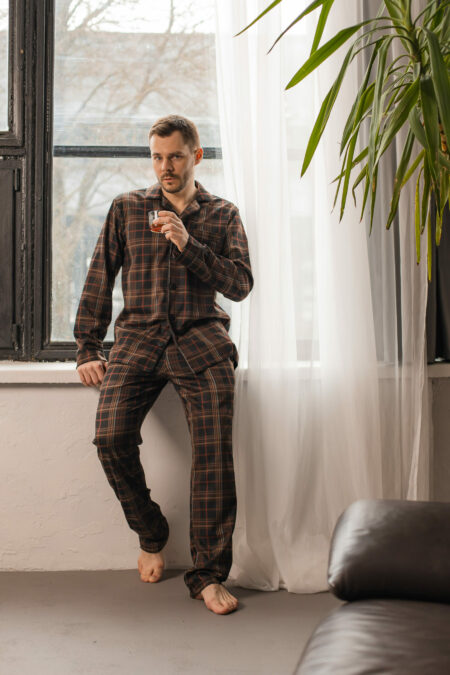Men's home pajamas BOBRAND, cotton, brown - Image 6